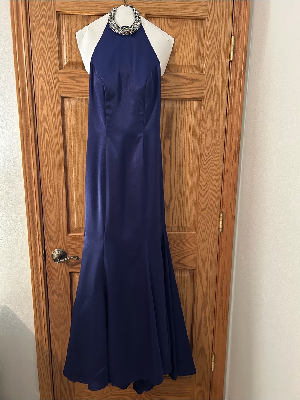 Splash Royal Blue Halter Evening Gown with Beaded Collar